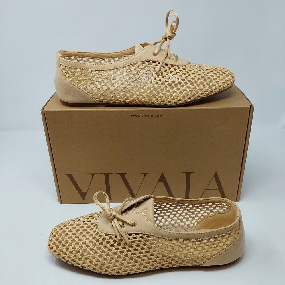 VIVAIA Carey Womens 9 EU40 Natural Raffia Mesh Square Toe Lace Up Flats
